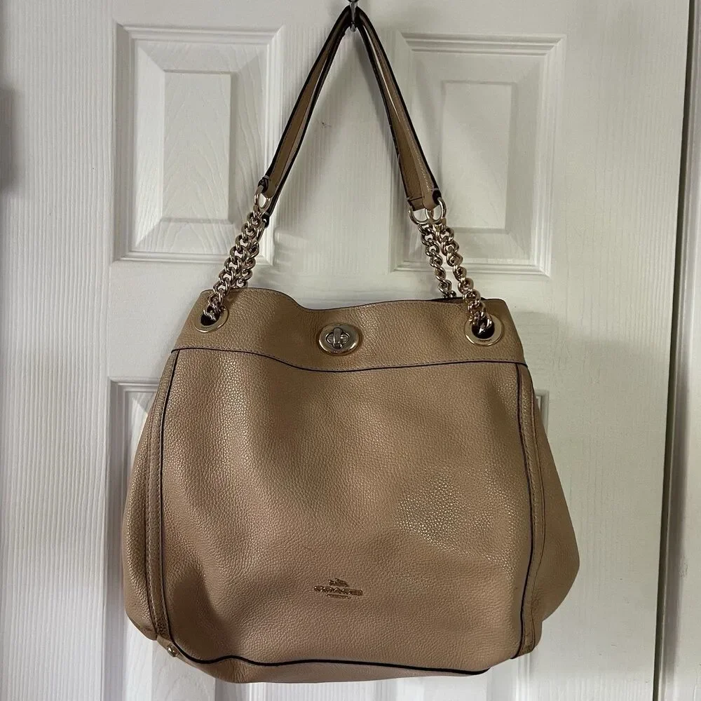 Coach Turnlock Edie Pebble Leather Shoulder Bag Tan / Beige (Style 36855)